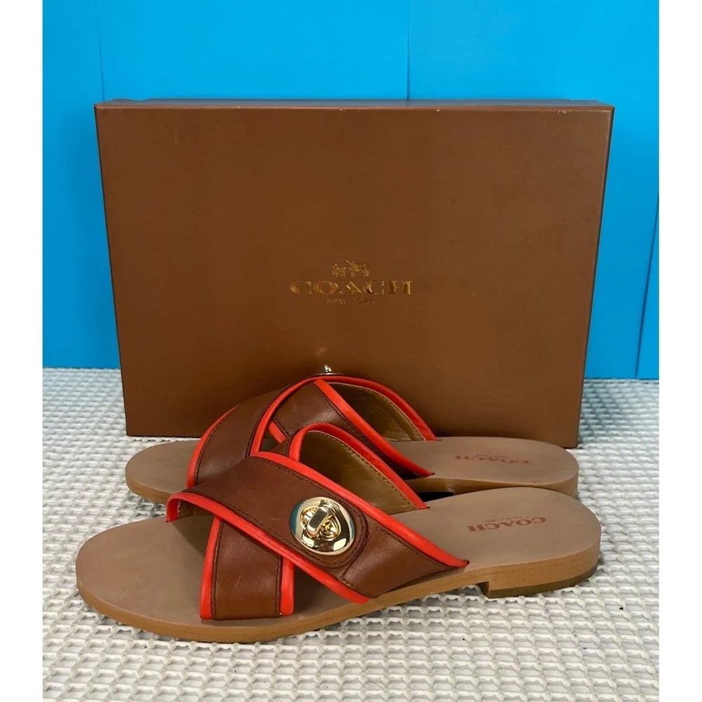 COACH Crossband‎ Sandals Slides Leather 6.5B Brown Orange Gold Hardware EUC